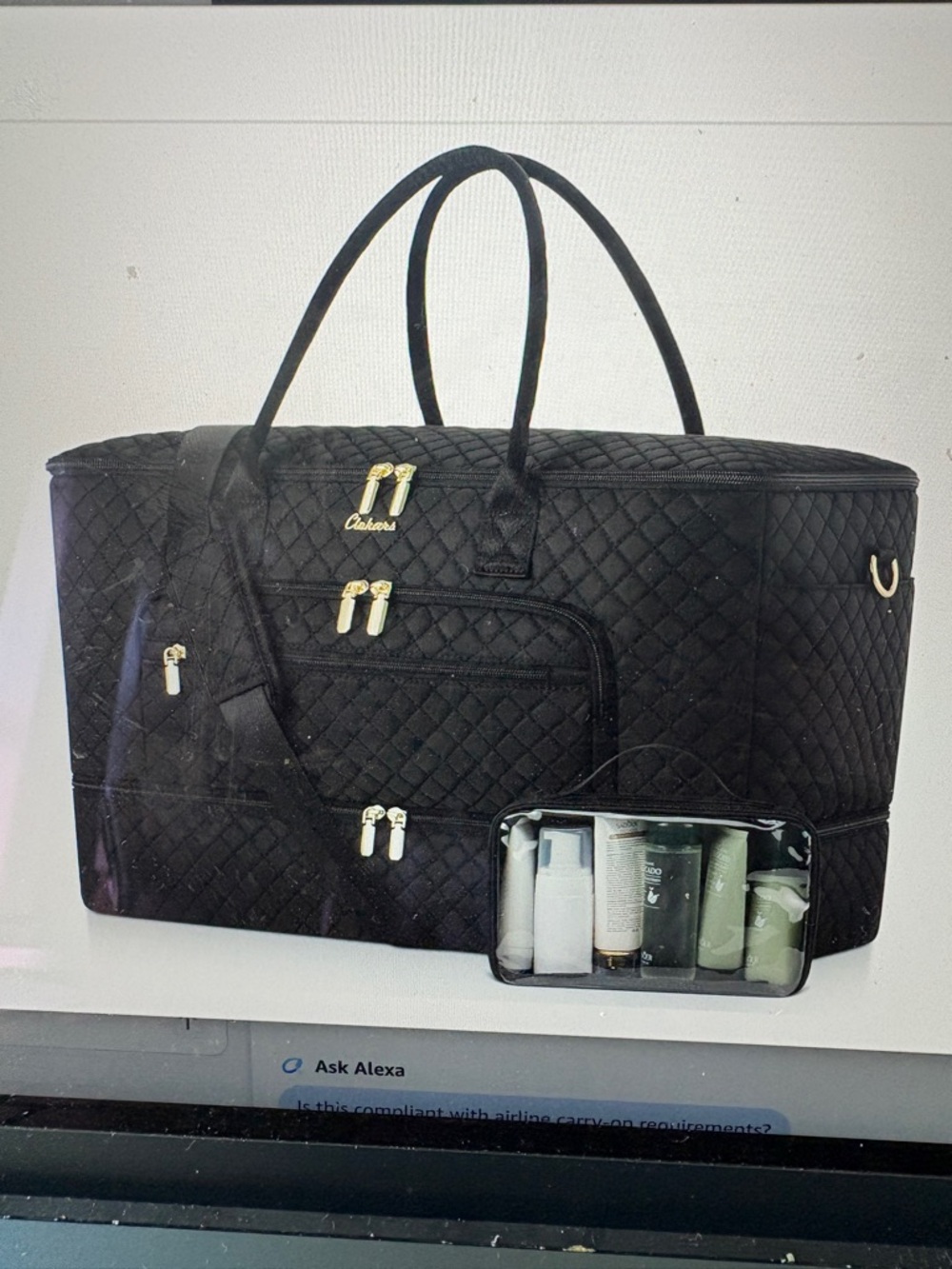 Spacious Travel Quilted Black Weekender Tote Bag with Gold Hardware